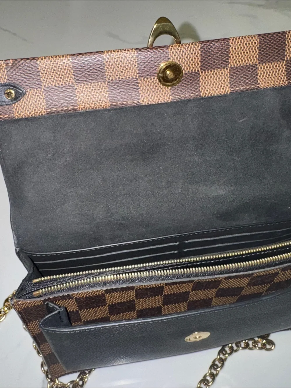 Louis Vuitton Brown Damier Ebene Clasp Wristlet with Gold Hardware